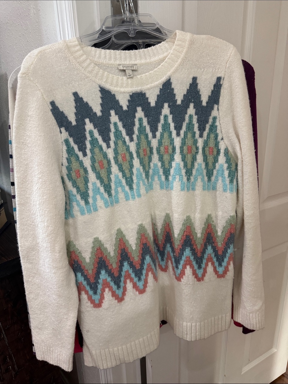 Talbots Cream Crewneck Sweater with Multicolor Geometric Motif NWOT